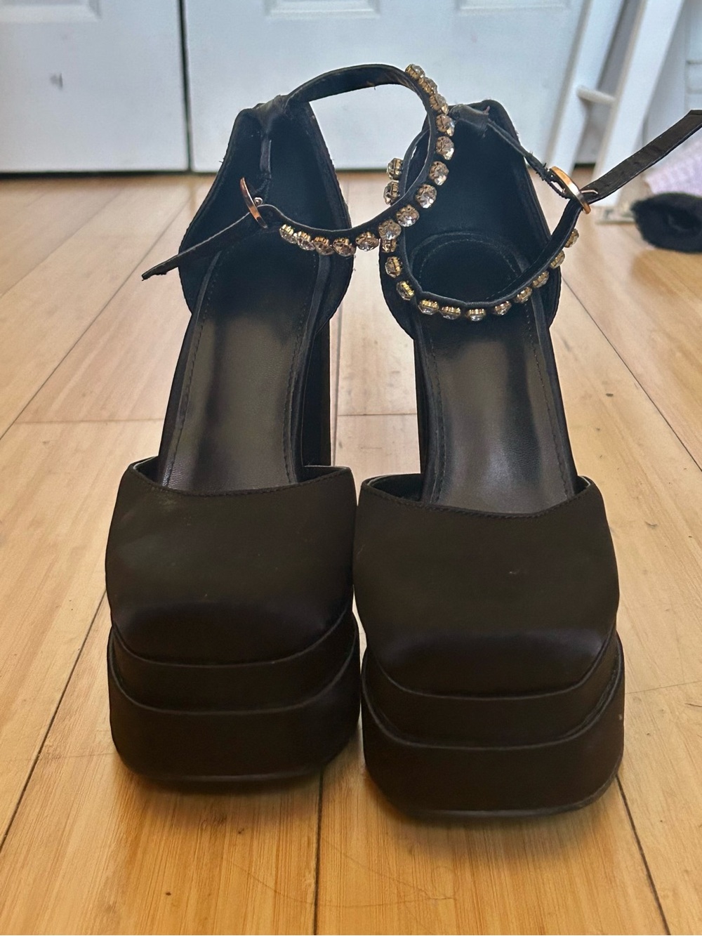 Black Rhinestone Ankle-Strap Platform Heels